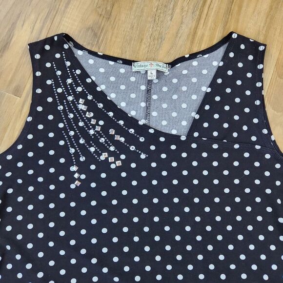 💛Vintage Suzie Black w/White Polka Dot Asymmetric Sleeveless Top Large - Picture 3 of 8